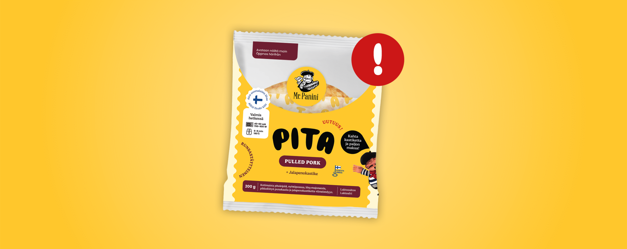 Virheellinen päiväysmerkintä Mr. Panini Pita Pulled Pork -tuotteen kastikepussissa – tuotteen käyttö on turvallista